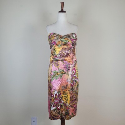 David Meister Dress 14 Multicolor Silk Paisley Strapless Ruched Sheath Cocktail