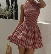 Red White Gingham Sleeveless Mini Sundress, Cotton, Casual Spring Summer