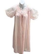 Vintage Contessa DuPont Sheer Peignoir Robe Pink Nylon Swiss Dot 60s Puff Sleeve