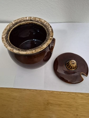 Vintage Hull Pottery Sugar Bowl Bean Pot with Lid Brown Drip Glaze Made in USA