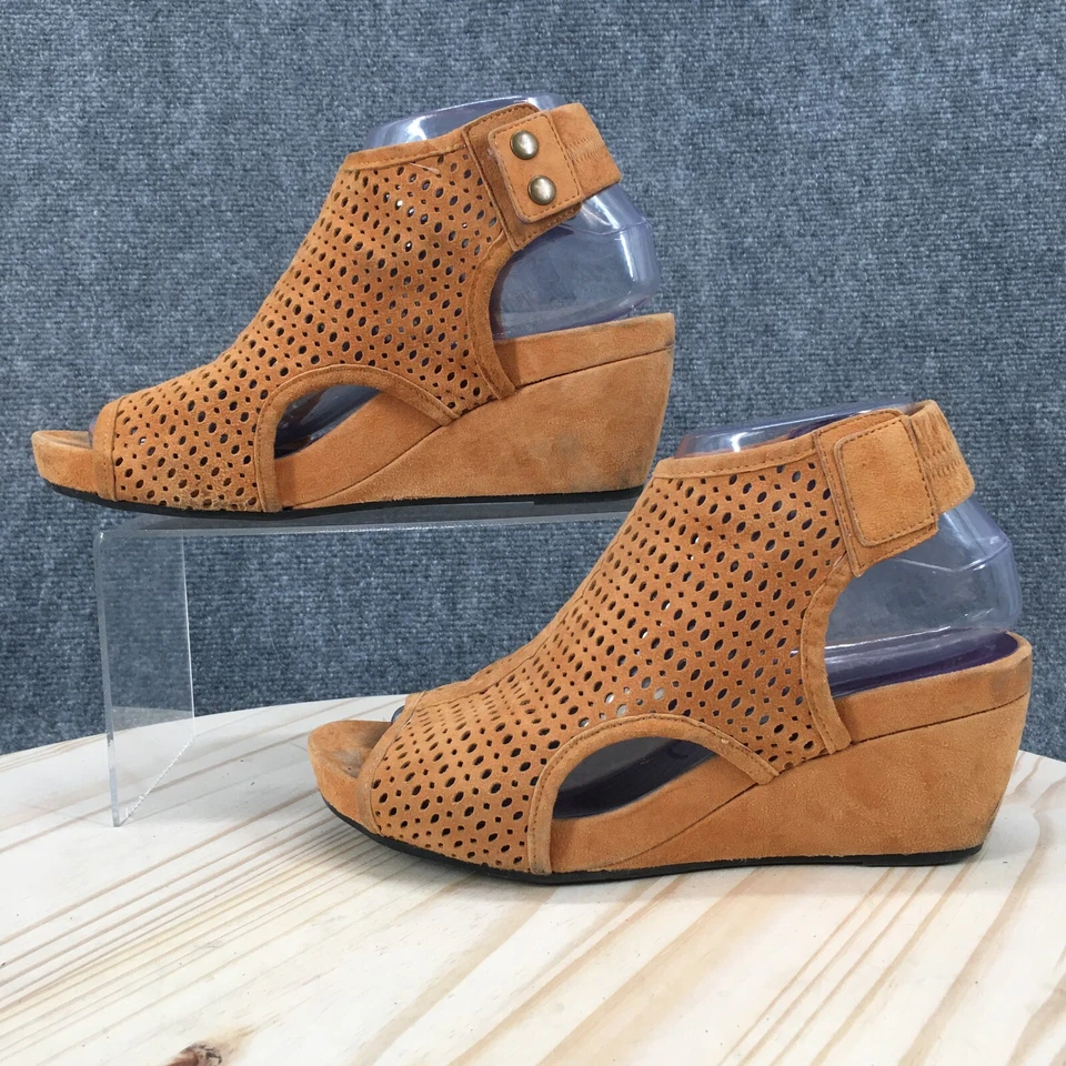 VAN ELi Sandals Womens 8 N Casual Perforated Wedge Slingback Brown Suede Leather - Image 2 of 4