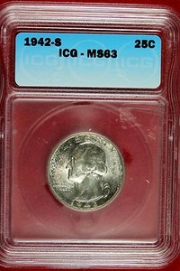1942 S Silver Washington Quarter! Uncirculated! Graded MS 63 ICG B9937