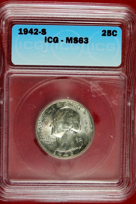 1942 S Silver Washington Quarter! Uncirculated! Graded MS 63 ICG B9937