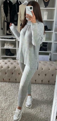 Womens Ladies Chunky Knitted High Roll Neck Top Bottom Lounge Wear Tracksuit Set - Picture 13 of 41