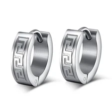 Greek Key Hoop Earrings Silver Stainless Steel