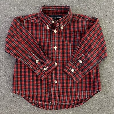 Polo Ralph Lauren Boys Button Down Shirt 18 Months Red Tartan Plaid Pony  Logo LS