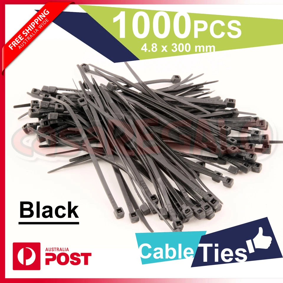 Cable Ties Zip Ties Nylon UV Stabilised 1000 x Bulk Black Cable Tie 4.8 x 300mm