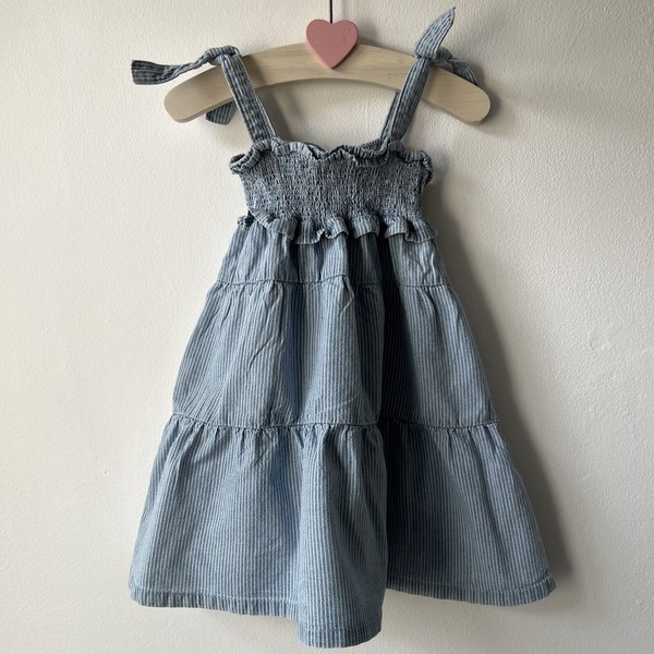 Zara 2-3 Years Baby Girls Blue Denim Striped Tiered Sun Dress