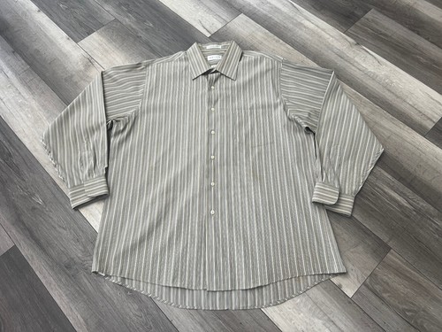 VAN HEUSEN MEN'S SHIRT LONG SLEEVE BEIGE LIGHT BLUE STRIPED SIZE XL (17 34/35) - Picture 3 of 20