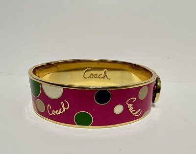 Vintage “COACH” Pink Polka Dot Enamel Gold Tone Hinged  display picture 3