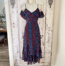 INC Size 4 Womans Blue Red Black Animal Print Ruffle Cold Shoulder Midi Dress