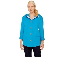 Susan Graver 2X Weekend French Terry Roll Tab Sl Brilliant Blue Jacket # A265734
