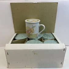 6 Toscany Collection Japan Vintage Orange Yellow Floral Mug with Lid Coaster