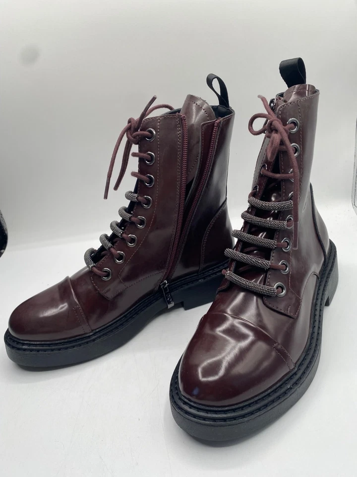Botas de combate DKNY para mujer marrón malaya con cordones de cuero con cremallera talla 8M nuevas sin caja Foto 2 de 4