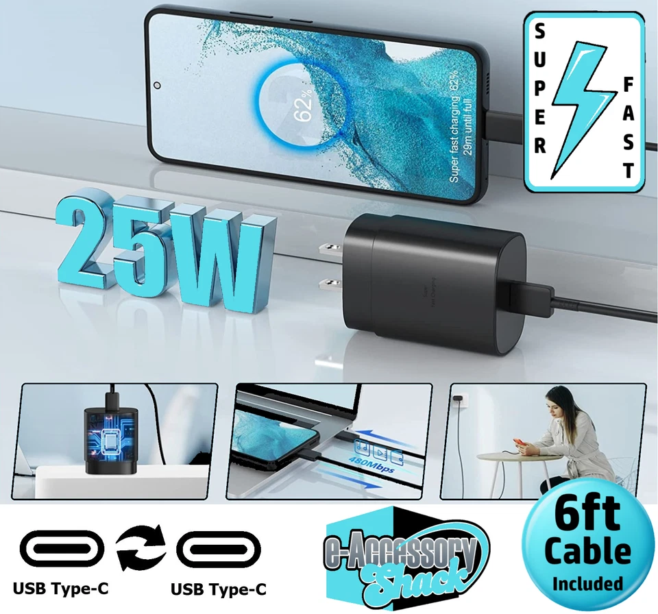 2 Pack 25w USB-C Super Fast Charger+6FT Cable FOR Samsung Galaxy A14 A15 S23 S24 - Image 2 of 4