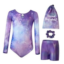 Gymnastics Leotards for Girls Long Sleeve Kids 8-9 Years Purple Starry Sky