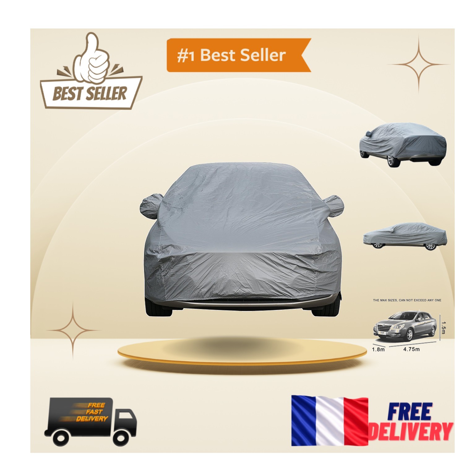 Housse de voiture universelle 4.8m en coton doublé - Protection auto grise