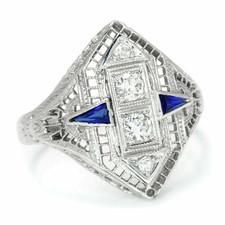 Art Deco Old European Cut Cubic Zirconia Ring With Sapphires  925 Pure Silver