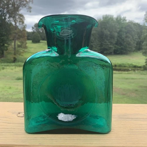 BLENKO Hand Blown Glass Emerald Green Double Spout DECANTER VASE