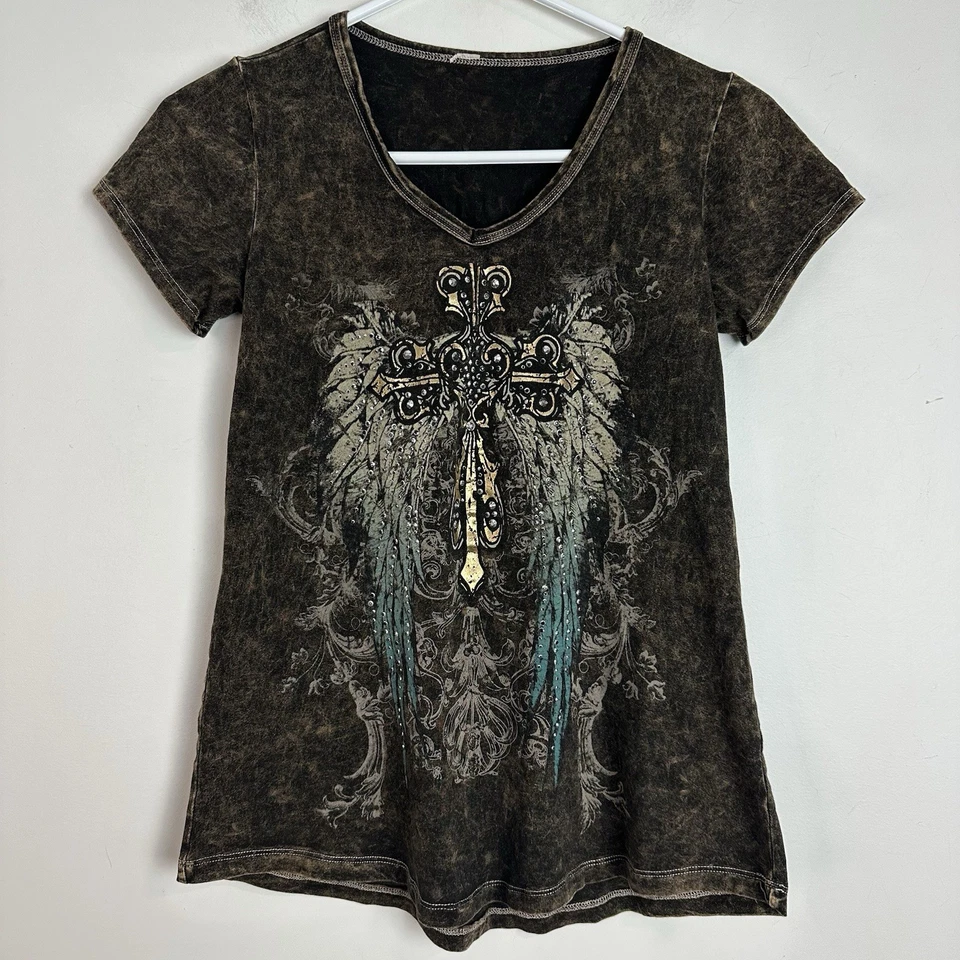 Camiseta De Colección Y2K Estilo Aflicción Para Mujer Cuello en V Alas Cruzadas Grunge Estrás Foto 2 de 4