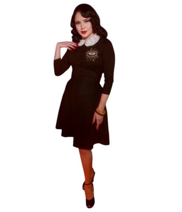 Cárdigan Abotonado Hecho en Travesas Terminará en Lágrimas Tercer Ojo Pin Up Negro L Nuevo Foto 2 de 4