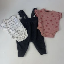 Lot of 3 NB Girl Gray Romper Overalls Short Sleeve Body Suits Snap Bottoms