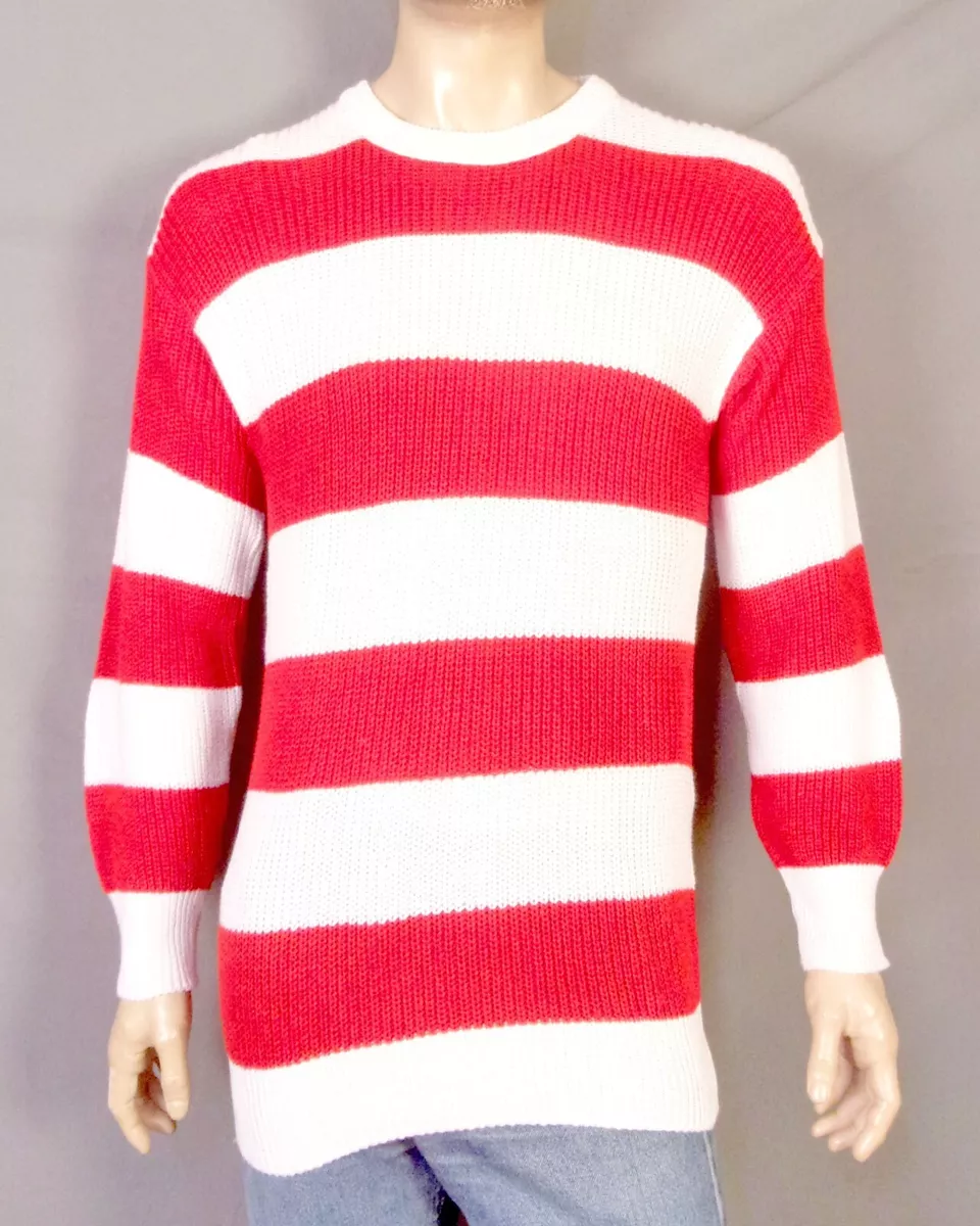 vintage 70s 80s The Fox USA Birdseye Rib Chunky Knit Big Stripe Sweater Crew M
