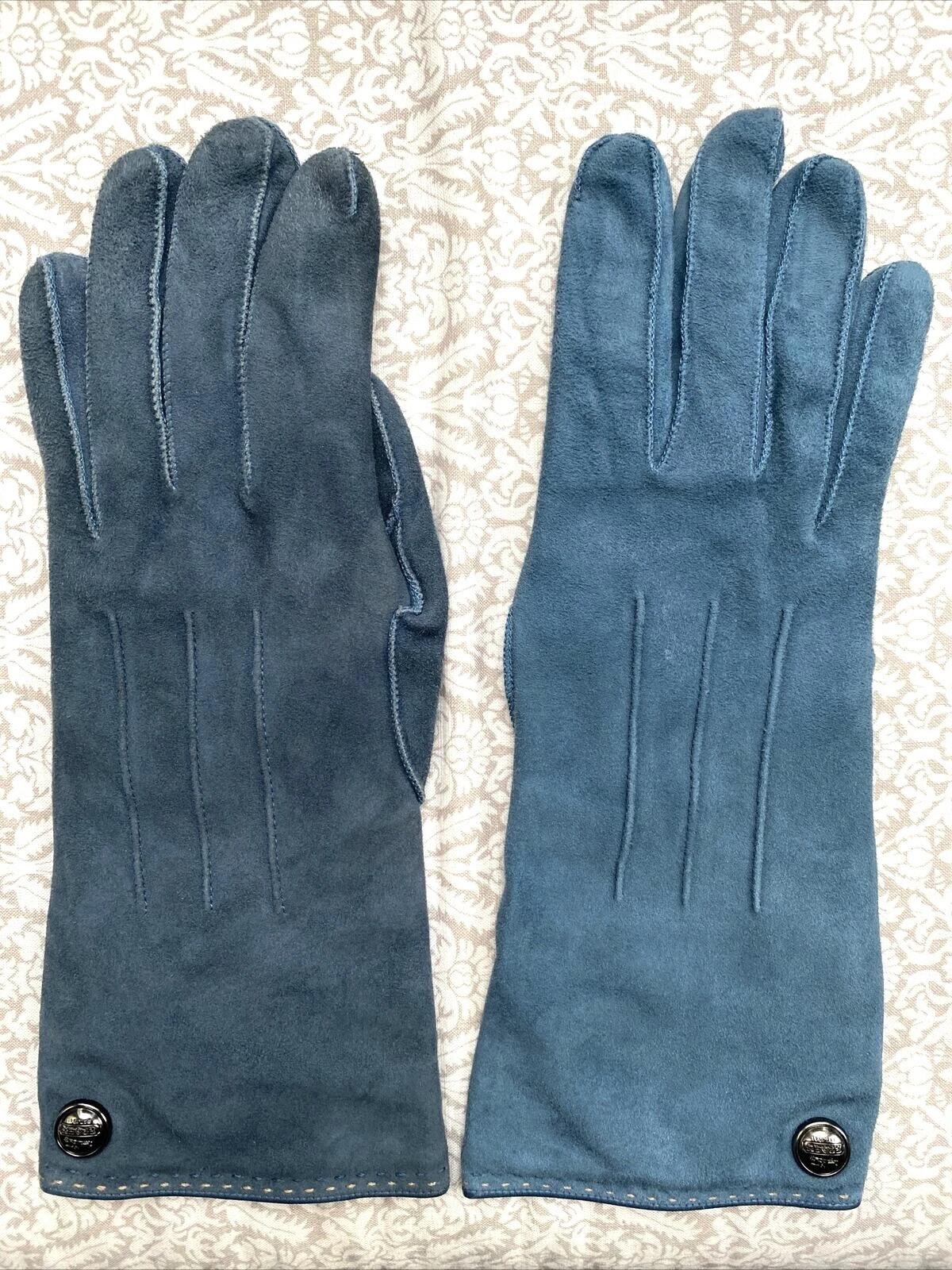 Coach Blue Leather Suede Winter Gloves 100% Cashmere Lining Size 7 - Preowned