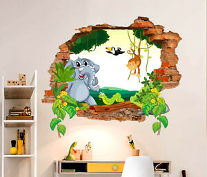 Adesivi Murali Bambini Scimmietta Elefante Wall Sticker Buco Nel Muro 3d Adesivo Ebay