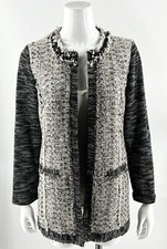 Chicos Womens Tweed Jacket Size M / 1 Black White Silver Fringe Open Front Coat