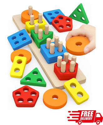 Montessori Toys for Ages 2-4 Toddlers Kids Baby, Wooden Learning Puzzle Shapes