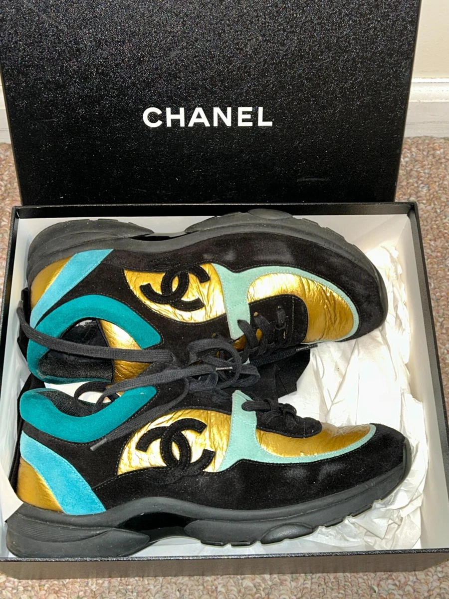 AUTHENTIC CHANEL SUEDE TURQUOISE GOLD CC LOW TOP SNEAKERS SIZE EU