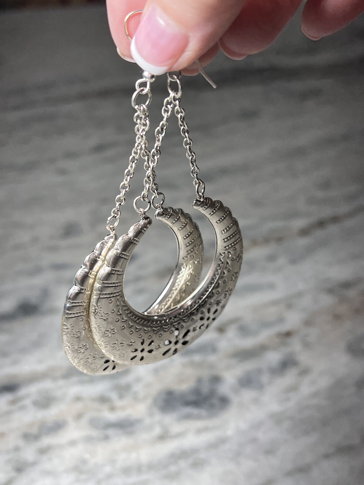 Crescent Shape Silver Dangle Pierced Earrings - image 3