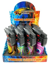 12 Pack Jumbo 4" Single Jet Flame Torch Gun Lighter Refillable Lockable Swirl