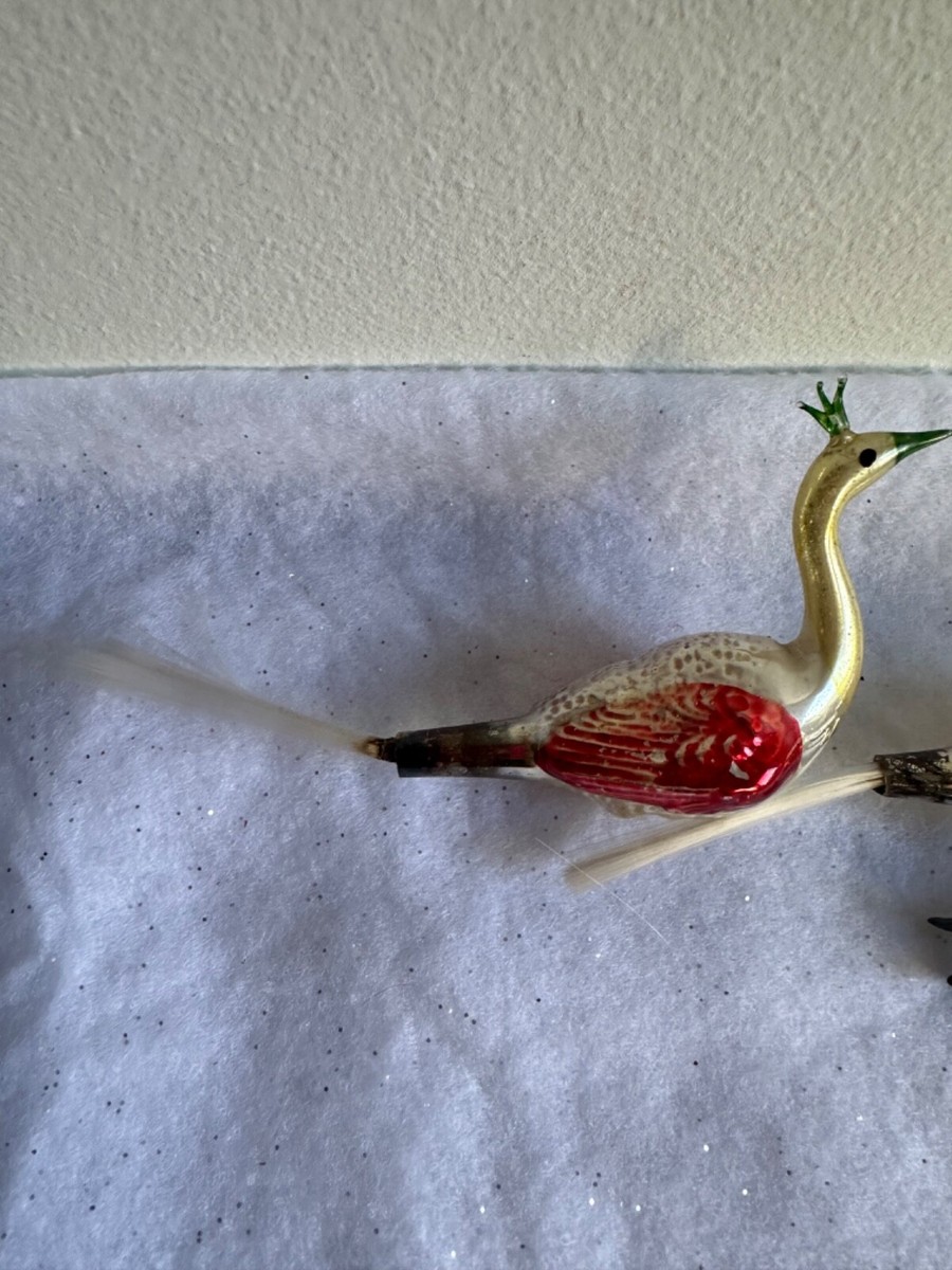 German Mercury Glass Peacock Clip Feet Spun Glass Tail 1930s