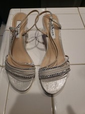Nina High Heels Silver Open Toe Strappy Women Size 8.5M Shoes Bridal Rhinestone