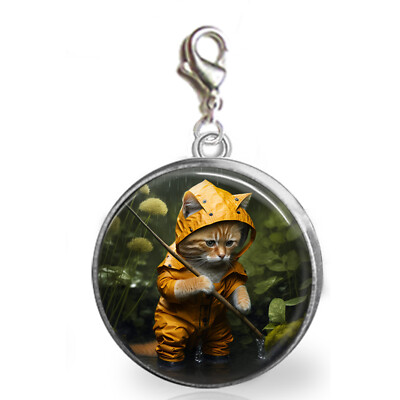 Kitty Cat Fishing in His Raingear Charm Zipper Pull Bracelet Purse Photo Jewelry