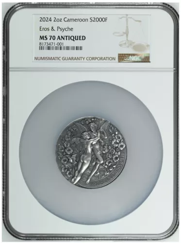 NGC MS70 Eros and Psyche Celestial Beauty 2 oz .999 Silver Coin Cameroon 2024