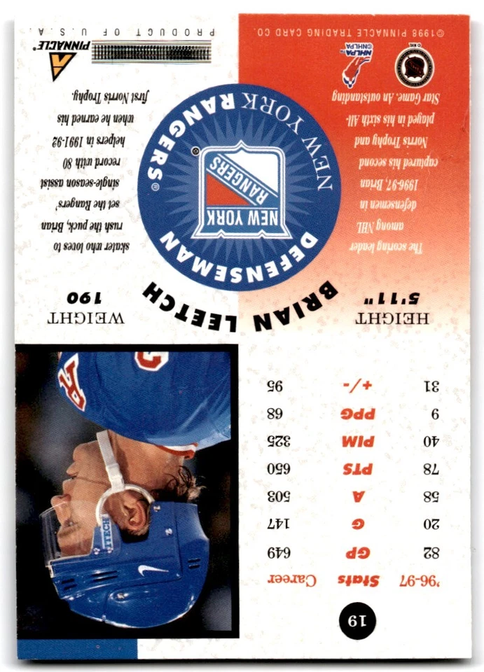 1997-98 Pinnacle Mint Collection Brian Leetch New York Rangers #19 - Image 2 of 2