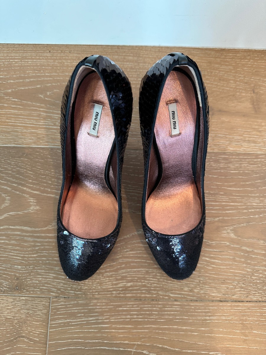 MiuMiu★素敵!Glitter Black and Silver High Heel Pumps Miu Miu Black Gray Silver Purple Paillettes Sequin High Heel