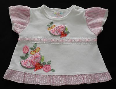 BABY PRINZESSIN WEISS S/ÄRMEL KLEID ROSA GINGHAM BORTE OBST/BLUMEN MOTIV 3-6 MTH