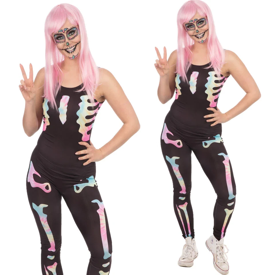 Squelette Noir Combinaison Femmes Halloween Skeletons Déguisement Robe UK 12-14 - Photo 1/1