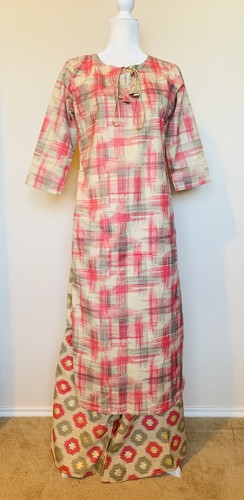 NWT womens shalwar kameez pants 2 pc pink and beige gold print sz L - Picture 2 of 12