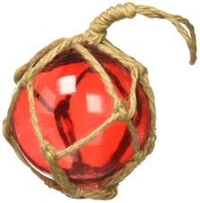 Handcrafted Nautical Decor Red Japanese Glass Ball Fishing Float with Netting