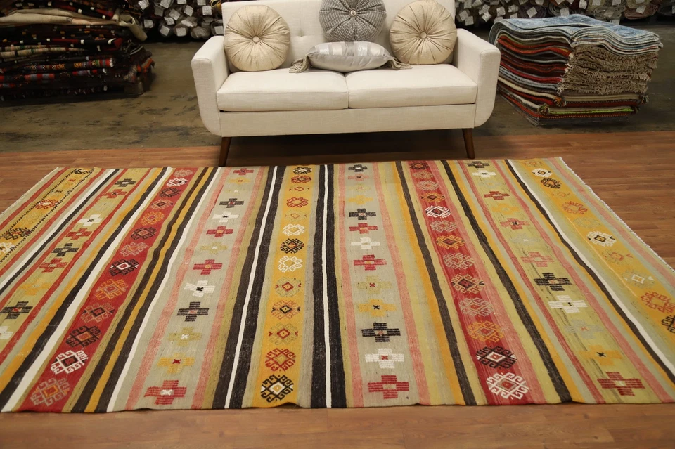 Alfombra reversible Kilim 6x10 con patrones tribales del suroeste alfombra tejida a mano Foto 3 de 4