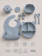 Gray Silicone Baby Feeding Mixed Set w/ Bib, Bowl, Plate, Cup, Fork BPA-Free