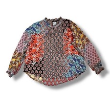 Johnny Was 100 Silk Blouse Mixed Print Patchwork Ruffle Bohemian Designer Small