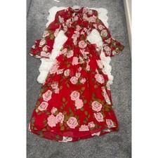 Red/Multicoloured Zara Floral Print Midi Dress with Ruffles and Open Back - M