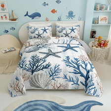 Coastal Quilt Set King Size,Starfish Coral Nautical Bedspread Coverlet Set,Ocean