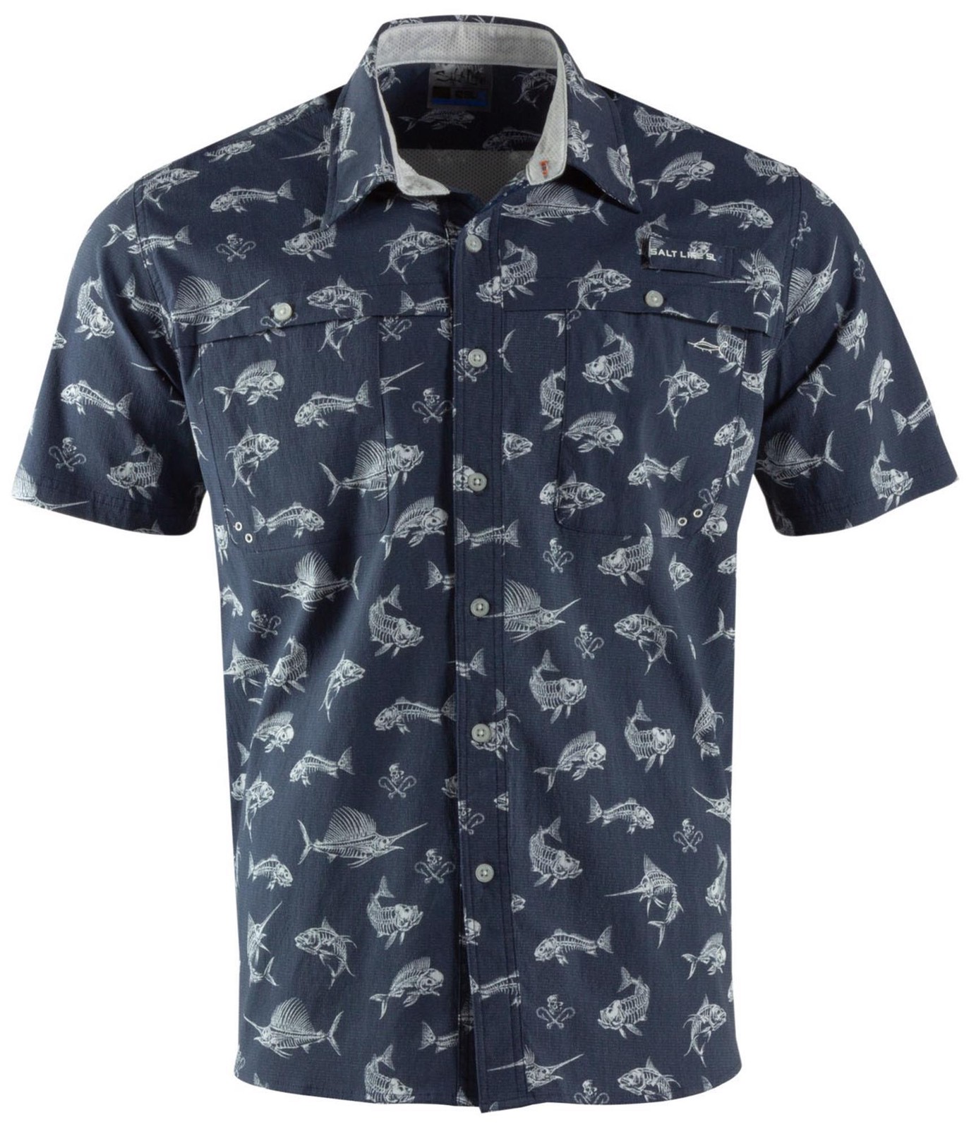 Мужская рубашка SALT LIFE с изображением рыбьих костей на пуговицах, синяя, маленькая